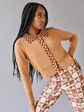 LISA SAYS GAH Battenberg Cardigan in Camel & Brown Check - XS/S